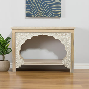 HomeRoots 56" Rustic Solid Wood Console Table with Distressed Finish, Ample Storage & Elegant Carved Detail 565172