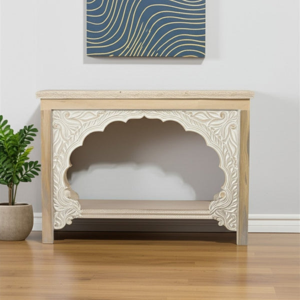 HomeRoots 56" Rustic Solid Wood Console Table with Distressed Finish, Ample Storage & Elegant Carved Detail 565172
