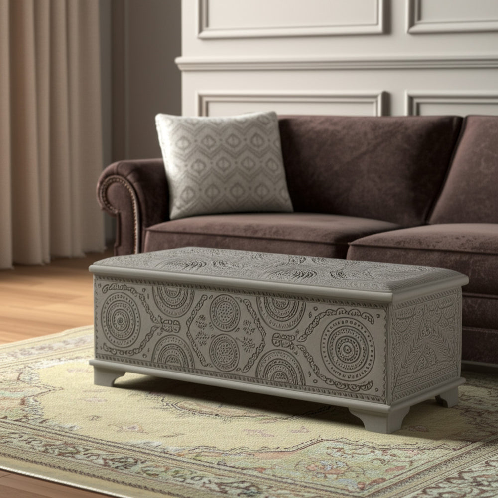 Homeroots 54" Gray Carved Geo Scroll Solid Wood Storage Ottoman - Stylish Multi-functional Furniture With Hidden Storage   565174