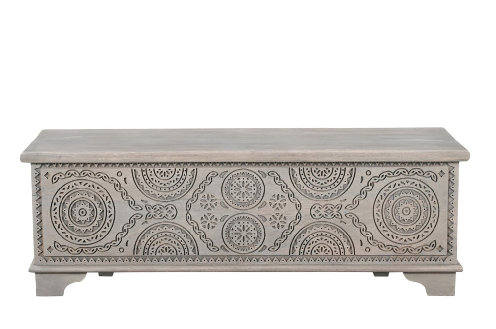 HomeRoots 54" Gray Carved Geo Scroll Storage Ottoman - Rustic Solid Mango Wood, Hidden Storage & Versatile Use 565174