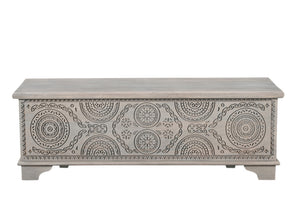 HomeRoots 54" Gray Carved Geo Scroll Storage Ottoman - Rustic Solid Mango Wood, Hidden Storage & Versatile Use 565174