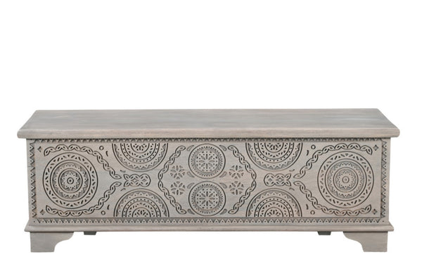 HomeRoots 54" Gray Carved Geo Scroll Storage Ottoman - Rustic Solid Mango Wood, Hidden Storage & Versatile Use 565174