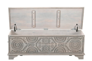 Homeroots 54" Gray Carved Geo Scroll Solid Wood Storage Ottoman - Stylish Multi-functional Furniture With Hidden Storage   565174