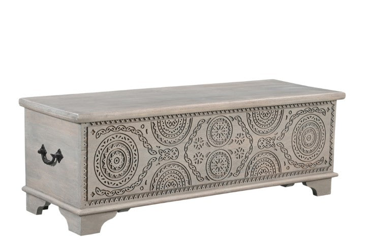 Homeroots 54" Gray Carved Geo Scroll Solid Wood Storage Ottoman - Stylish Multi-functional Furniture With Hidden Storage   565174