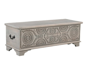 Homeroots 54" Gray Carved Geo Scroll Solid Wood Storage Ottoman - Stylish Multi-functional Furniture With Hidden Storage   565174