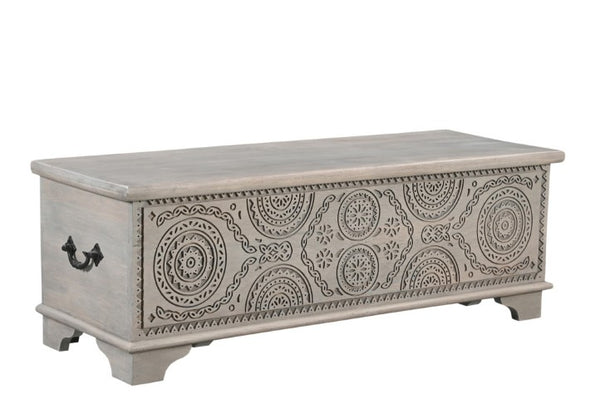 Homeroots 54" Gray Carved Geo Scroll Solid Wood Storage Ottoman - Stylish Multi-functional Furniture With Hidden Storage   565174