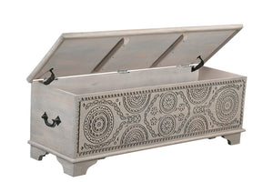 Homeroots 54" Gray Carved Geo Scroll Solid Wood Storage Ottoman - Stylish Multi-functional Furniture With Hidden Storage   565174