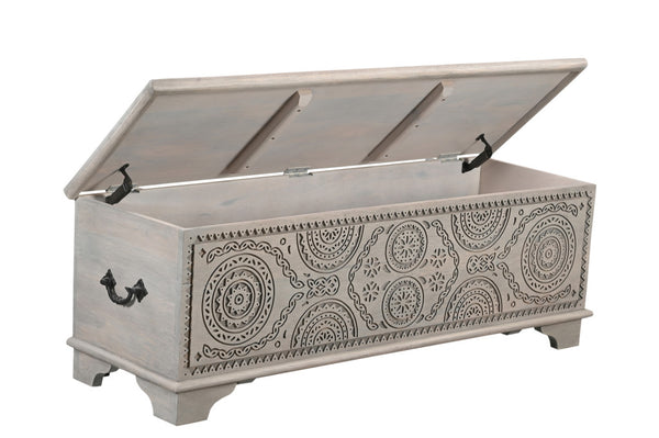 Homeroots 54" Gray Carved Geo Scroll Solid Wood Storage Ottoman - Stylish Multi-functional Furniture With Hidden Storage   565174