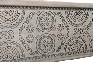 Homeroots 54" Gray Carved Geo Scroll Solid Wood Storage Ottoman - Stylish Multi-functional Furniture With Hidden Storage   565174
