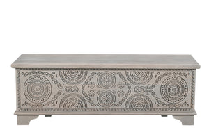 Homeroots 54" Gray Carved Geo Scroll Solid Wood Storage Ottoman - Stylish Multi-functional Furniture With Hidden Storage   565174