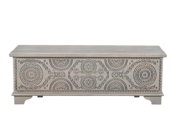 Homeroots 54" Gray Carved Geo Scroll Solid Wood Storage Ottoman - Stylish Multi-functional Furniture With Hidden Storage   565174