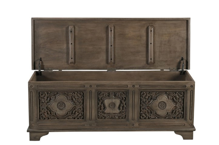 Homeroots 54" Brown Carved Floral Solid Wood Storage Ottoman – Stylish Rustic Seating & Hidden Storage Solution   565175