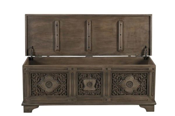 Homeroots 54" Brown Carved Floral Solid Wood Storage Ottoman – Stylish Rustic Seating & Hidden Storage Solution   565175