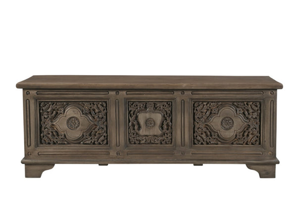 Homeroots 54" Brown Carved Floral Solid Wood Storage Ottoman – Stylish Rustic Seating & Hidden Storage Solution   565175