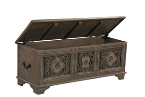 Homeroots 54" Brown Carved Floral Solid Wood Storage Ottoman – Stylish Rustic Seating & Hidden Storage Solution   565175