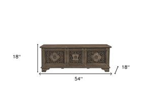 Homeroots 54" Brown Carved Floral Solid Wood Storage Ottoman – Stylish Rustic Seating & Hidden Storage Solution   565175