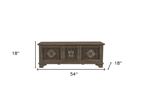 Homeroots 54" Brown Carved Floral Solid Wood Storage Ottoman – Stylish Rustic Seating & Hidden Storage Solution   565175