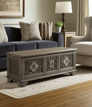 Homeroots 54" Brown Carved Floral Solid Wood Storage Ottoman – Stylish Rustic Seating & Hidden Storage Solution   565175