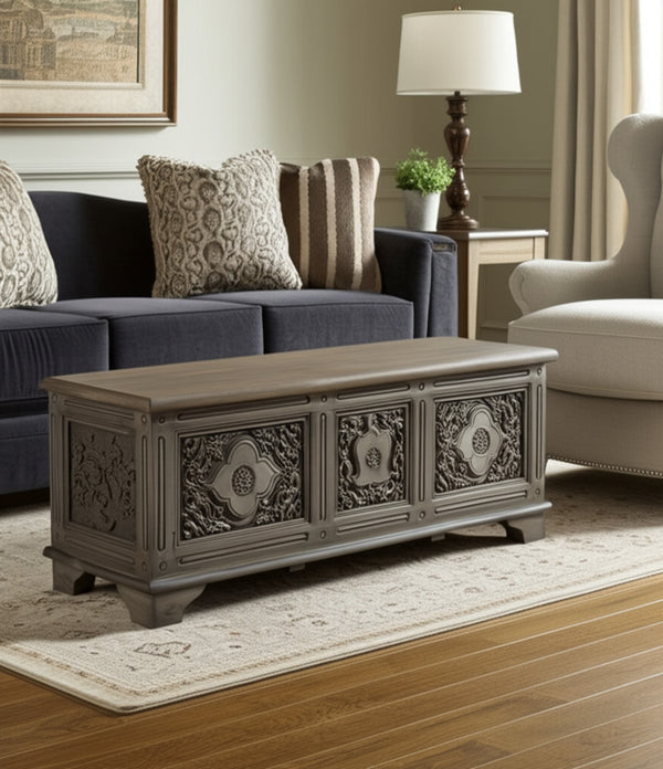 Homeroots 54" Brown Carved Floral Solid Wood Storage Ottoman – Stylish Rustic Seating & Hidden Storage Solution   565175