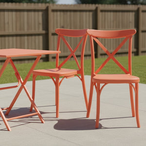 HomeRoots Set of Two Salmon Heavy-Duty Plastic Stacking Chairs for Stylish Outdoor Dining & Entertaining 565177