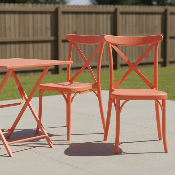 HomeRoots Set of Two Salmon Heavy-Duty Plastic Stacking Chairs for Stylish Outdoor Dining & Entertaining 565177