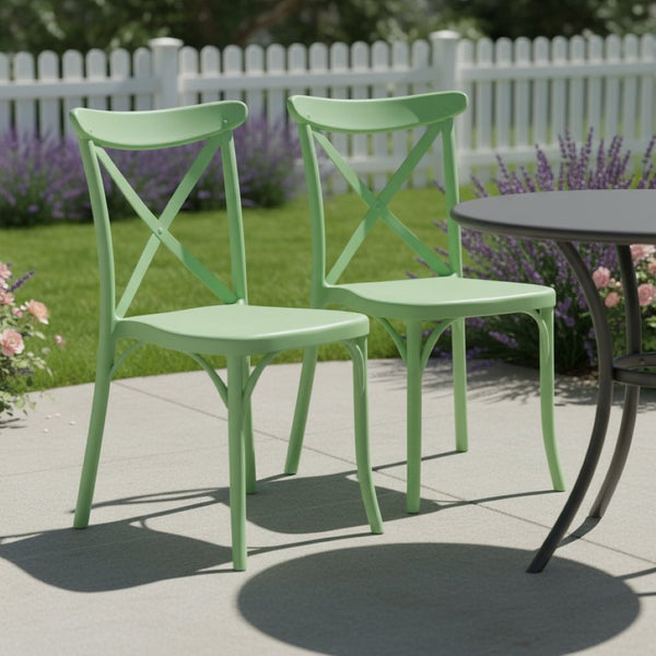HomeRoots Set of Two Heavy-Duty Green Outdoor Stacking Chairs for Stylish, Durable, Low-Maintenance Seating 565178