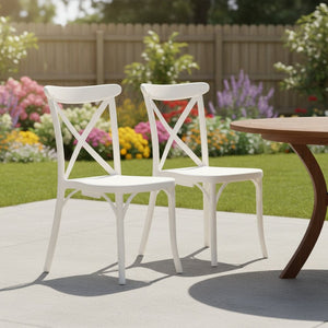 HomeRoots Set of Two Stylish White Heavy-Duty Plastic Stacking Chairs for Outdoor Dining & Gatherings 565179