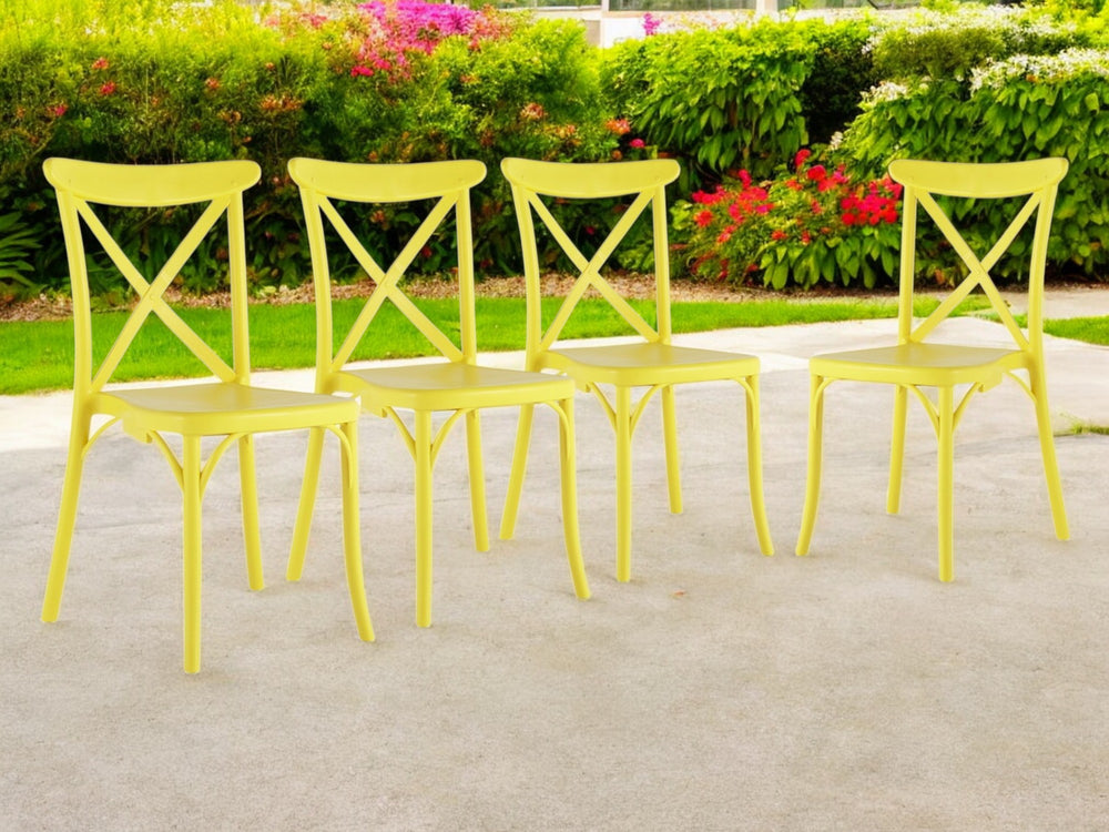 Homeroots Set Of Four Yellow Heavy Duty Plastic Cross Back Dining Chairs – Stylish, Stackable & Versatile!   565180