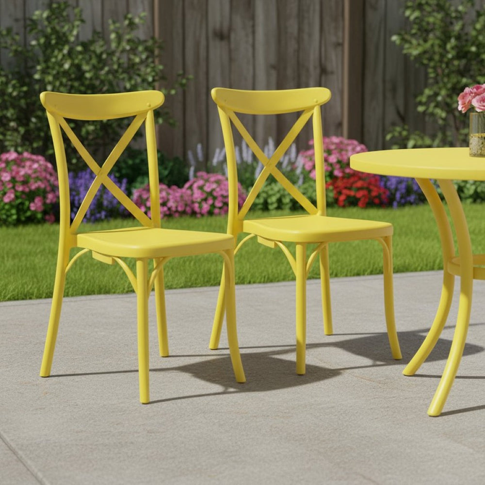 HomeRoots Set of Two Heavy Duty Yellow Plastic Outdoor Dining Chairs - Durable, Stylish, and Easy to Clean! 565180