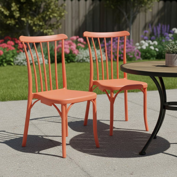 HomeRoots Set of Two Salmon Heavy-Duty Plastic Stacking Dining Chairs for Stylish Outdoor Comfort & Flexibility 565182