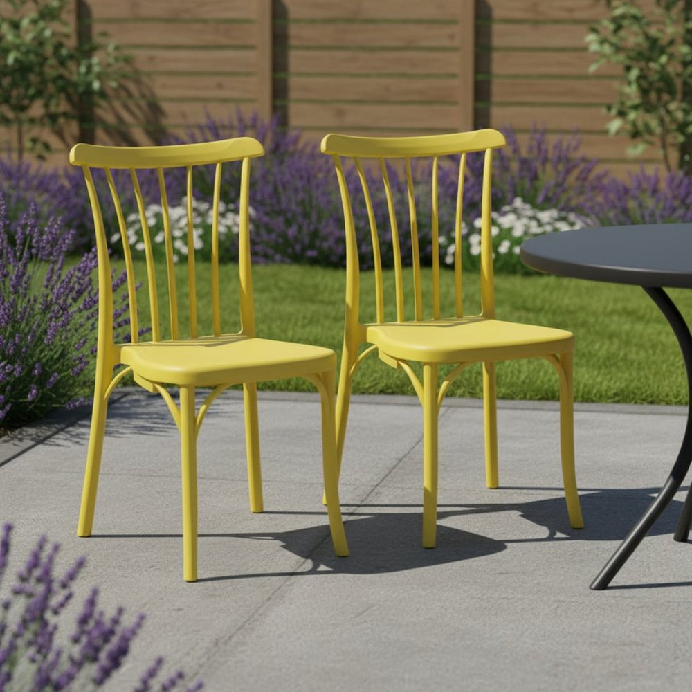 HomeRoots Set of Two Heavy-Duty Yellow Plastic Stacking Chairs for Outdoor Dining & Entertaining Spaces 565185