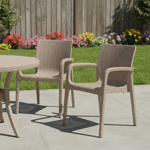 HomeRoots Set of Two Taupe Faux Rattan Stacking Arm Chairs - Durable, Stylish, Space-Saving for Indoors & Outdoors 565190