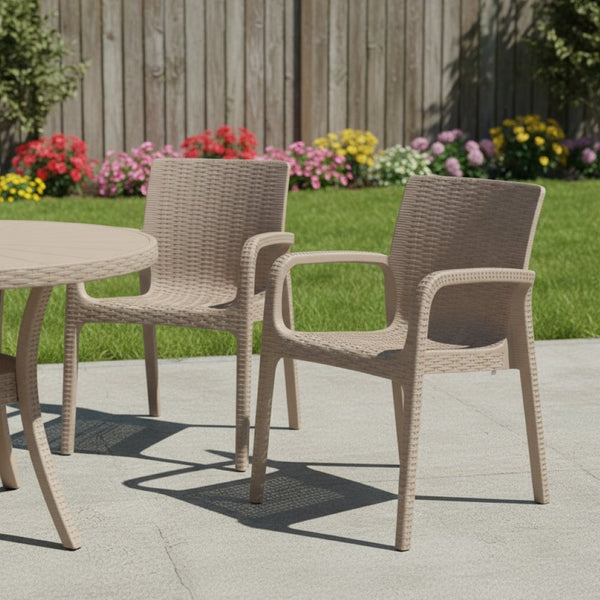 HomeRoots Set of Two Taupe Faux Rattan Stacking Arm Chairs - Durable, Stylish, Space-Saving for Indoors & Outdoors 565190