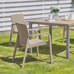 HomeRoots Set of Two Taupe Faux Rattan Stacking Arm Chairs - Durable, Stylish, Space-Saving for Indoors & Outdoors 565190