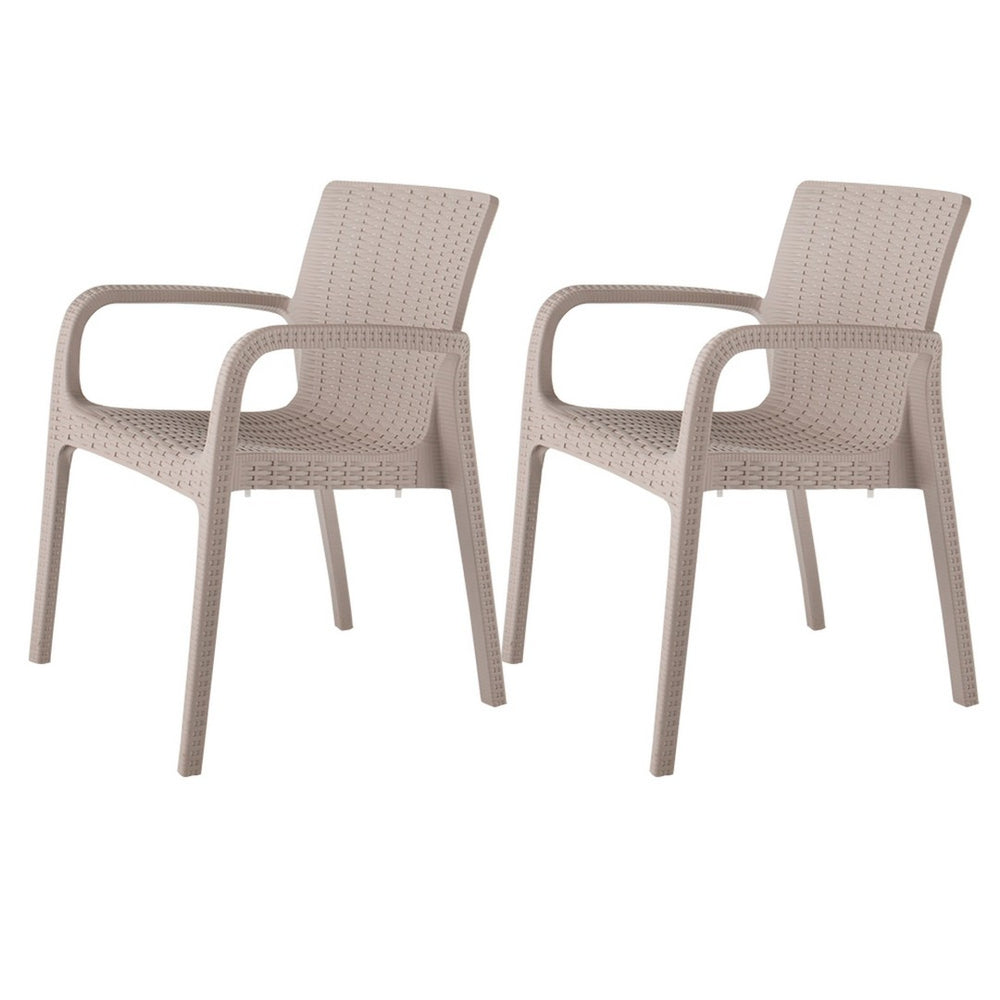 HomeRoots Set of Two Taupe Faux Rattan Stacking Arm Chairs - Durable, Stylish, Space-Saving for Indoors & Outdoors 565190