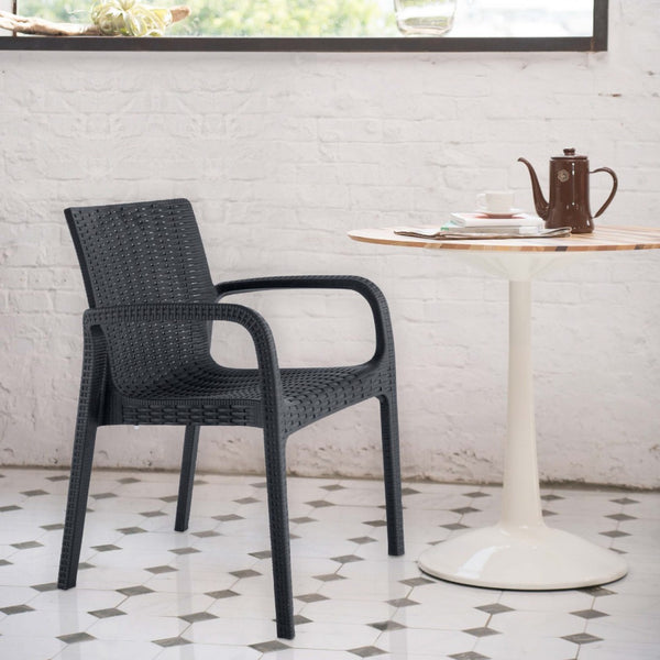 Homeroots Set Of Four 24" Black Faux Rattan Outdoor Stacking Arm Chairs – Durable, Stylish, And Comfortable  Polypropylene 565191