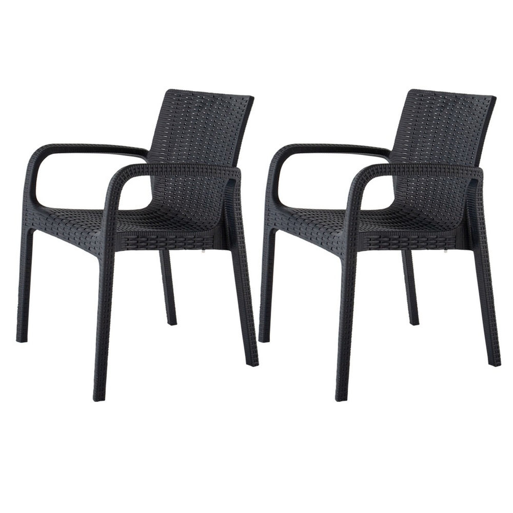 HomeRoots Set of Two Black Faux Rattan Stacking Arm Chairs - Stylish, Durable, and Weather-Resistant Seating 565191