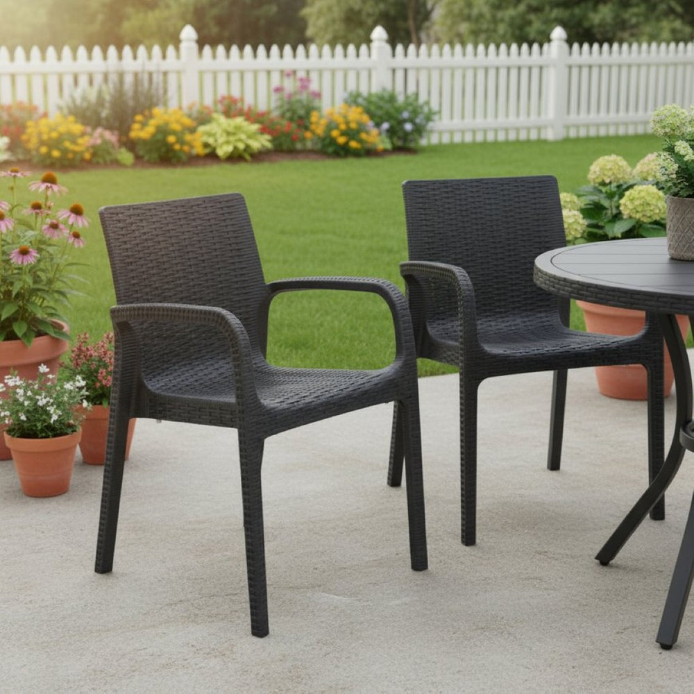 HomeRoots Set of Two Black Faux Rattan Stacking Arm Chairs - Stylish, Durable, and Weather-Resistant Seating 565191