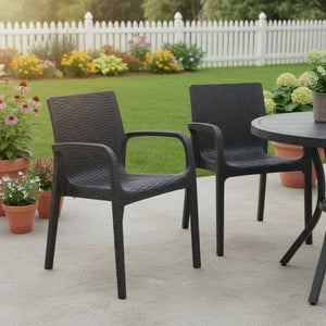 HomeRoots Set of Two Black Faux Rattan Stacking Arm Chairs - Stylish, Durable, and Weather-Resistant Seating 565191