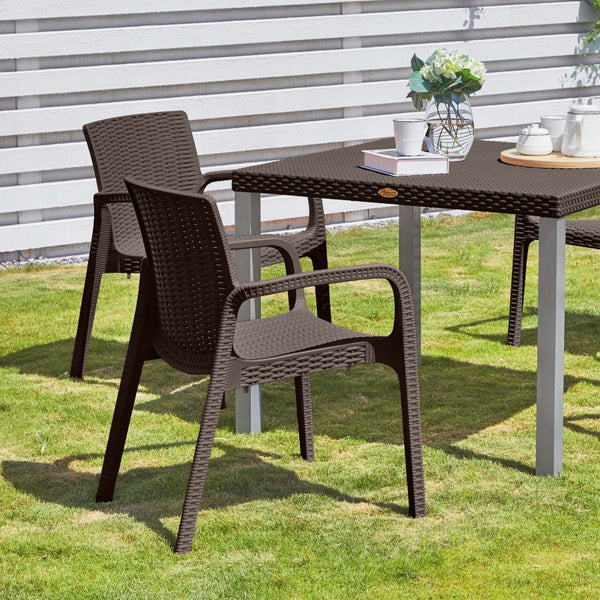 Homeroots Set Of Four 24" Brown Faux Rattan Outdoor Stacking Arm Chairs - Stylish, Durable, And Comfortable!  Polypropylene 565192