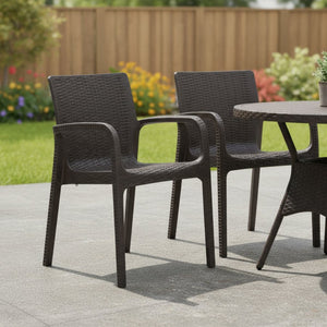 HomeRoots Set of Two Stylish Brown Faux Rattan Stacking Arm Chairs for Indoor/Outdoor Use - Durable & Chic! 565192