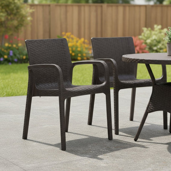 HomeRoots Set of Two Stylish Brown Faux Rattan Stacking Arm Chairs for Indoor/Outdoor Use - Durable & Chic! 565192