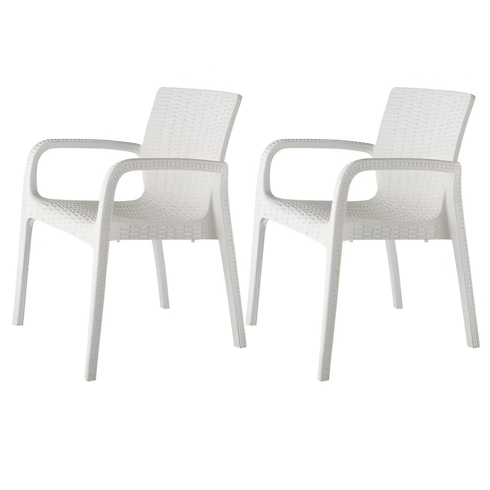 HomeRoots Set of Two White Faux Rattan Outdoor Stacking Arm Chairs - Durable, Stylish Seating for Any Space! 565193