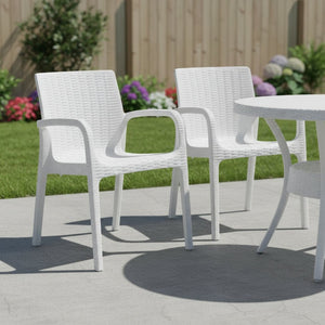 HomeRoots Set of Two White Faux Rattan Outdoor Stacking Arm Chairs - Durable, Stylish Seating for Any Space! 565193