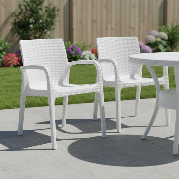 HomeRoots Set of Two White Faux Rattan Outdoor Stacking Arm Chairs - Durable, Stylish Seating for Any Space! 565193
