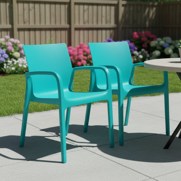 HomeRoots Set of Two Turquoise Heavy-Duty Plastic Stacking Chairs for Outdoor Dining, Comfort & Style 565196