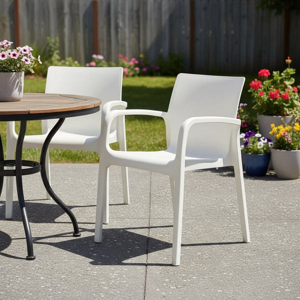 HomeRoots Set of Two Stacking White Heavy-Duty Plastic Chairs for Outdoor Dining & Indoor Relaxation 565202