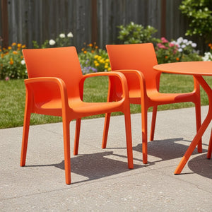 HomeRoots Set of Two Vibrant Orange Heavy-Duty Stacking Chairs for Outdoor Dining, Patio, and Events 565204