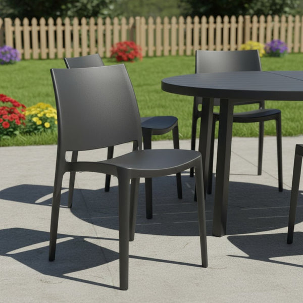 HomeRoots Set of Four Stylish Dark Gray Heavy-Duty Stacking Chairs for Outdoor Dining & Versatile Use 565210