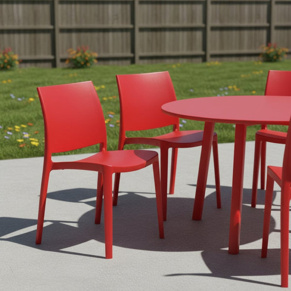 HomeRoots Set of Four Red Heavy-Duty Stacking Dining Chairs for Indoor & Outdoor Comfort, Style, & Storage 565211